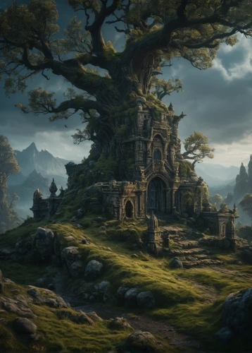 fantasy landscape,ancient house,celtic tree,ancient city,the ruins of the,ruined castle,ancient buildings,tree of life,witch's house,druid grove,old tree,fantasy picture,castle ruins,ruins,myst,background with stones,ancient,isolated tree,castle of the corvin,oak tree,Photography,General,Fantasy