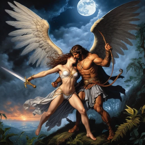 angel and devil,adam and eve,angelology,cupido (butterfly),heaven and hell,ganymede,greek mythology,cupid,uriel,angels of the apocalypse,mythological,cherubs,heroic fantasy,the angel with the cross,the archangel,angel moroni,greek myth,daemon,love angel,fantasy picture,Conceptual Art,Fantasy,Fantasy 27