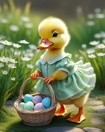 duckling,easter chick,easter background,easter theme,children's background,springtime background,duck cub,spring background,easter basket,easter celebration,young duck duckling,easter-colors,happy easter hunt,painting eggs,painting easter egg,easter decoration,painted eggs,eggs in a basket,female duck,ducky,Illustration,Realistic Fantasy,Realistic Fantasy 30