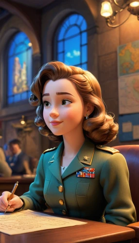 waitress,tiana,agnes,princess anna,spy,girl studying,clay animation,bookkeeper,disney character,military person,librarian,flight engineer,civil servant,telephone operator,main character,spy visual,switchboard operator,a uniform,officer,dispatcher,Unique,3D,Isometric