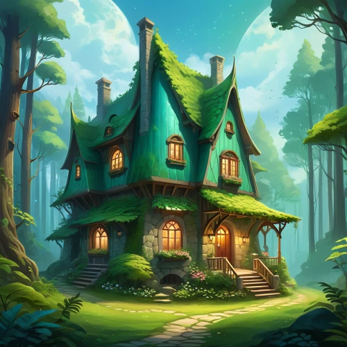 house in the forest,witch's house,little house,fairy house,tree house,small house,lonely house,treehouse,summer cottage,home landscape,wooden house,crooked house,druid grove,witch house,cottage,log home,dandelion hall,beautiful home,ancient house,log cabin,Illustration,Realistic Fantasy,Realistic Fantasy 01