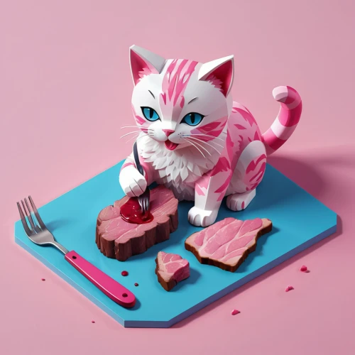 pink cat,tuna steak,cat vector,cat food,dribbble,pink vector,eat,meat carving,anthropomorphized animals,tuna,tea party cat,meat cake,low-poly,animal feline,cinema 4d,low poly,appetite,kawaii food,3d figure,chef,Unique,3D,Isometric