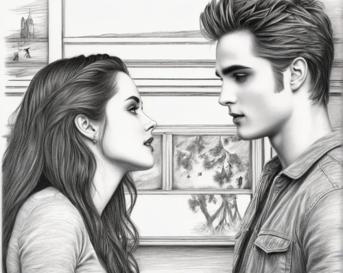 twiliight,twilight,first kiss,flightless bird,young couple,romantic portrait,beautiful couple,honeymoon,romantic scene,romantic meeting,casal,couple in love,sweethearts,gothic portrait,boy and girl,love couple,lovebirds,couple,romance novel,prince and princess,Illustration,Black and White,Black and White 30