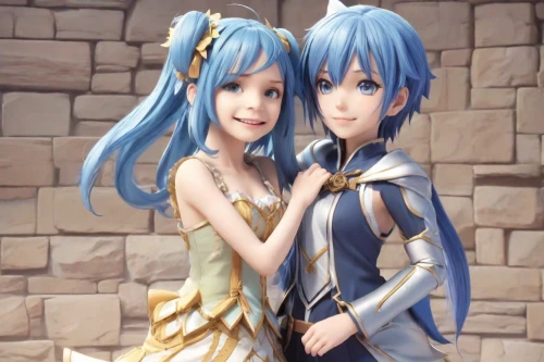 anime 3d,fairies,vocaloid,two girls,hands holding,figurines,aqua,elf,reizei,elves,hand in hand,sisters,duo,3d fantasy,hierochloe,mother and daughter,angels,kotobukiya,mom and daughter,lechona