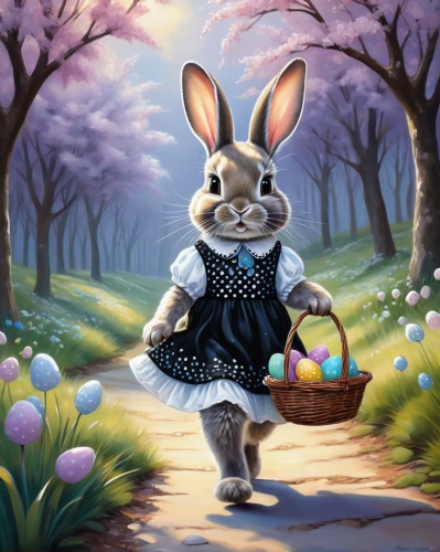 hare trail,easter theme,easter bunny,easter background,springtime background,easter festival,easter banner,easter card,happy easter hunt,spring background,painting easter egg,cottontail,bunny,rabbits and hares,gray hare,children's background,easter rabbits,hoppy,easter décor,hop,Illustration,Realistic Fantasy,Realistic Fantasy 30