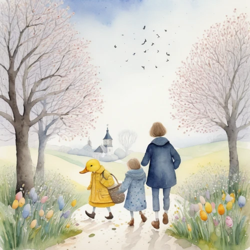 springtime background,children's background,children's fairy tale,walk with the children,a collection of short stories for children,spring background,springtime,kids illustration,passepartout,dandelion meadow,daffodil field,little girls walking,dandelion field,spring morning,spring greeting,spring meadow,magnolia family,beginning of spring,spring blossoms,watercolor background,Illustration,Paper based,Paper Based 05