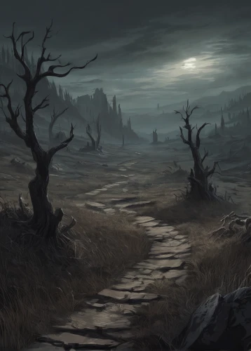 swampy landscape,fantasy landscape,hollow way,ghost forest,road forgotten,scorched earth,post-apocalyptic landscape,lunar landscape,haunted forest,the mystical path,desolation,halloween bare trees,devilwood,the path,valley of death,barren,pathway,druid grove,wasteland,path