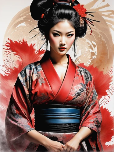 geisha girl,geisha,japanese art,japanese woman,chinese art,oriental princess,oriental girl,oriental painting,japanese culture,world digital painting,oriental,mukimono,japanese style,mulan,samurai,plum blossoms,asian woman,motsunabe,japanese floral background,japanese background,Illustration,Abstract Fantasy,Abstract Fantasy 14