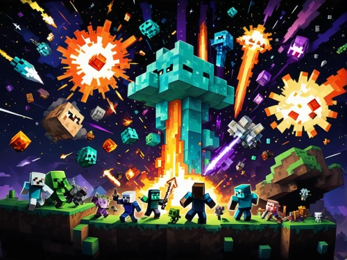 asterales,space invaders,minecraft,fireworks background,pixel art,chasm,spacescraft,cube background,fireworks art,fireworks,game art,pyrogames,mobile video game vector background,diamond background,pillars of creation,pixels,fire background,party banner,meteor shower,a3 poster,Unique,Pixel,Pixel 03