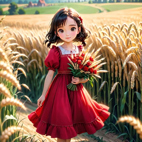 holding flowers,country dress,girl picking flowers,wheat field,farm background,girl in flowers,straw field,farm girl,field of cereals,beautiful girl with flowers,harvest festival,agricultural,straw doll,girl in red dress,picking flowers,little girl in pink dress,flower field,in the field,countrygirl,wheat fields,Anime,Anime,Cartoon