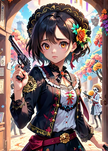nico,oktoberfest background,flower background,floral background,girl with gun,bavarian,japanese floral background,french digital background,honmei choco,vanessa (butterfly),holding a gun,portrait background,dia de los muertos,anime japanese clothing,japanese idol,mariachi,la catrina,erika,mexican revolution,musketeer,Anime,Anime,Realistic