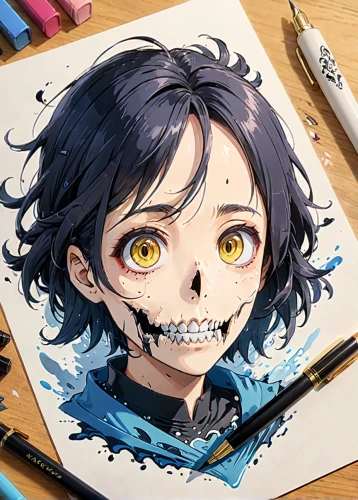 copic,vanitas,himuto,illustrator,hinata,halloween illustration,cg artwork,vector illustration,kids illustration,watercolor,skull drawing,2d,coloring,digital illustration,killer smile,watercolors,camera illustration,vector art,table artist,vector,Anime,Anime,Traditional