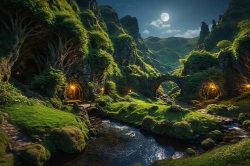 fantasy landscape,elven forest,fairy forest,3d fantasy,druid grove,fantasy picture,fairy village,the mystical path,fairytale forest,enchanted forest,fairy world,virtual landscape,swampy landscape,forest glade,green forest,mushroom landscape,moon valley,karst landscape,green valley,hobbiton,Photography,General,Fantasy