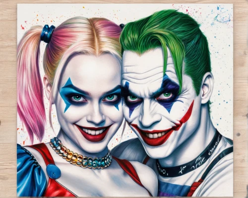 clowns,jigsaw puzzle,joker,chalk drawing,beautiful couple,coloured pencils,jigsaw,bodypainting,color pencils,pop art people,cool pop art,two people,custom portrait,colored pencils,colour pencils,comic characters,oil painting on canvas,art painting,playmat,hand painting