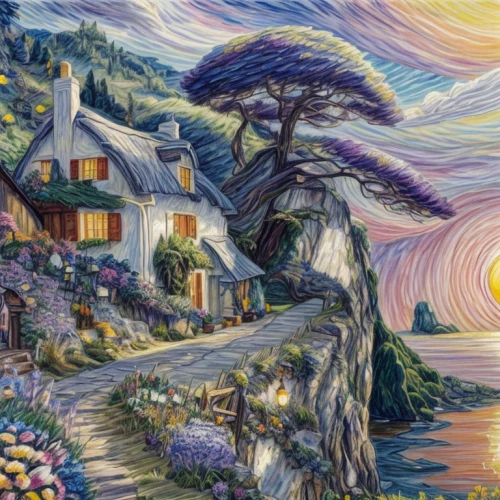 home landscape,coastal landscape,purple landscape,post impressionist,cottage,landscape background,cottages,landscape,aurora village,art painting,summer cottage,tapestry,sea landscape,vincent van gough,colored pencil background,post impressionism,motif,nature landscape,fantasy art,high landscape