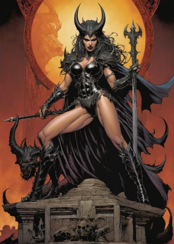 heroic fantasy,huntress,sorceress,female warrior,evil woman,goddess of justice,the enchantress,dark elf,fantasy woman,warrior woman,devil,priestess,cybele,swordswoman,death angel,death god,darth talon,scarlet witch,fantasy warrior,queen of the night,Illustration,American Style,American Style 02