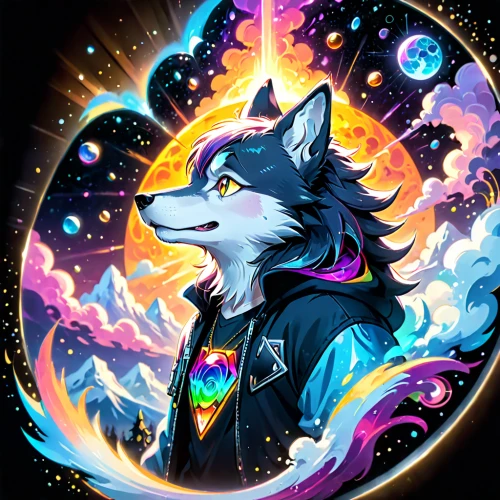 constellation wolf,rainbow background,rainbow and stars,moonbow,howling wolf,prism ball,colorful stars,sun moon,howl,cosmic,light spectrum,prism,astral traveler,galaxy,cosmic eye,unicorn background,colorful light,colorful star scatters,aurora colors,celestial,Anime,Anime,Cartoon