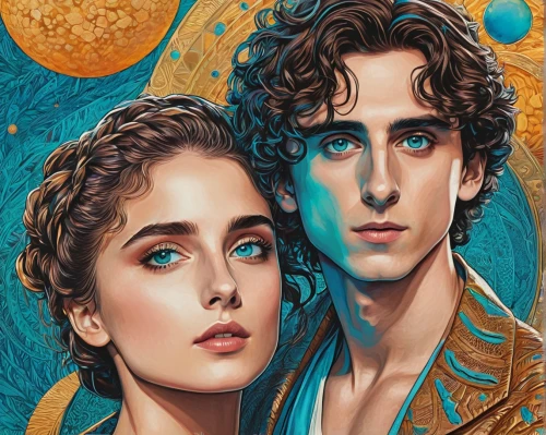 lindos,young couple,dune,celestial bodies,romantic portrait,sci fiction illustration,gemini,callophrys,prince and princess,two people,gold foil art,rosa ' amber cover,adam and eve,book cover,viewing dune,cover,vintage boy and girl,temples,boho art,dune 45,Conceptual Art,Daily,Daily 31