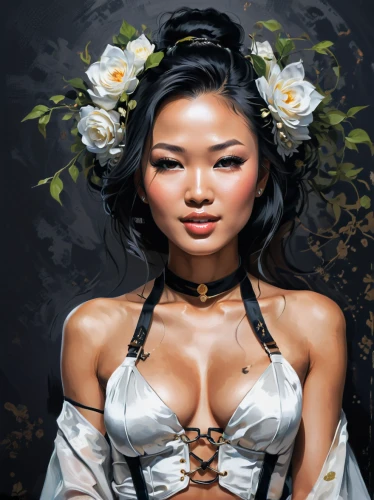 asian woman,geisha girl,oriental girl,geisha,vietnamese woman,world digital painting,oriental princess,jasmine blossom,asian vision,chinese art,dead bride,lotus art drawing,digital painting,fantasy portrait,fashion illustration,white plumeria,flower girl,portrait background,polynesian girl,asian culture,Conceptual Art,Fantasy,Fantasy 17