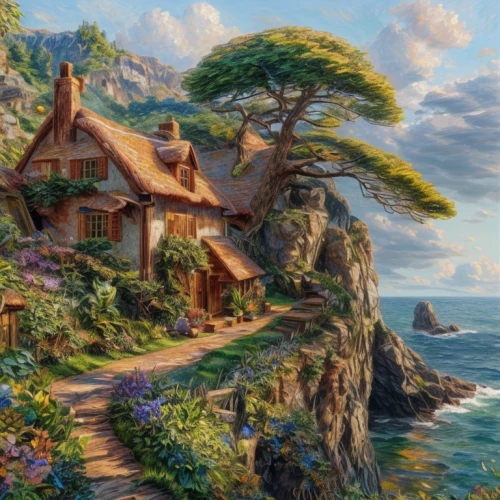 summer cottage,home landscape,cottage,house by the water,fisherman's house,house in the forest,popeye village,little house,beautiful home,an island far away landscape,tree house,house with lake,hobbiton,house in mountains,house of the sea,studio ghibli,witch's house,lonely house,fairy village,tree house hotel