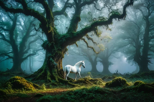 elven forest,enchanted forest,a white horse,fairy forest,fairytale forest,white horse,foggy forest,albino horse,forest dragon,equine,fantasy picture,forest animal,forest of dreams,forest tree,forest glade,shire horse,forest animals,gypsy horse,forest landscape,unicorn background,Photography,General,Fantasy
