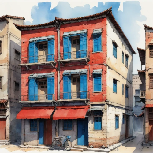 watercolor shops,facade painting,old buildings,dilapidated building,hanoi,old havana,stone town,watercolor sketch,slums,old houses,hanging houses,studies,world digital painting,watercolor tea shop,wooden houses,old architecture,havana,buildings,watercolor painting,tenement,Illustration,Paper based,Paper Based 07