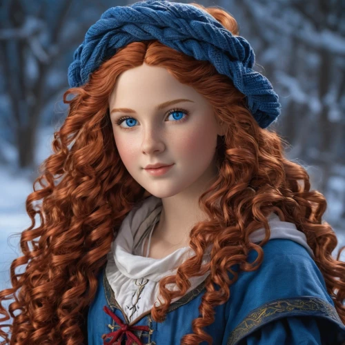 merida,suit of the snow maiden,princess anna,winterblueher,the snow queen,violet head elf,redhead doll,female doll,elsa,red-haired,princess sofia,celtic queen,portrait of a girl,blue snowflake,fairy tale character,snow white,eurasian,fantasy portrait,mystical portrait of a girl,celtic woman,Conceptual Art,Fantasy,Fantasy 27