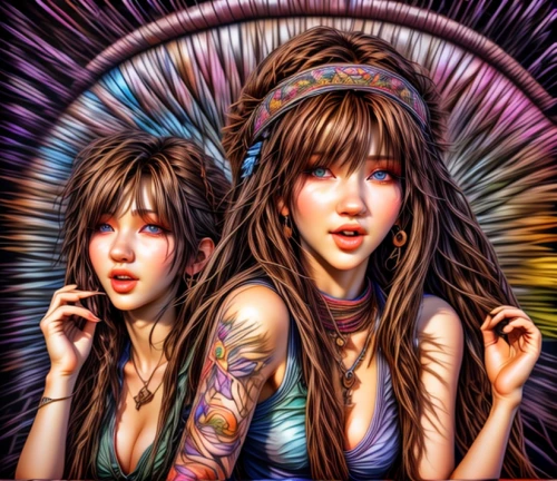 psychedelic art,boho art,two girls,fantasy art,neon body painting,digiart,art painting,colored pencil background,pretty girls,photo painting,beautiful photo girls,colorful background,mirror image,edit icon,world digital painting,artificial hair integrations,pretty women,portrait background,life stage icon,gemini