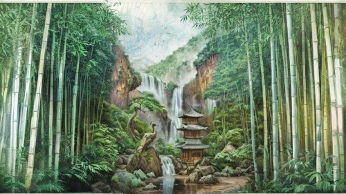 tropical and subtropical coniferous forests,green waterfall,valdivian temperate rain forest,washington,hawaii bamboo,oil painting on canvas,bamboo forest,rainforest,watercolor background,colored pencil background,wasserfall,bridal veil fall,forests,green forest,landscape background,forest background,art painting,garden of eden,cascading,waterfalls,Art sketch,Art sketch,Fine Decoration