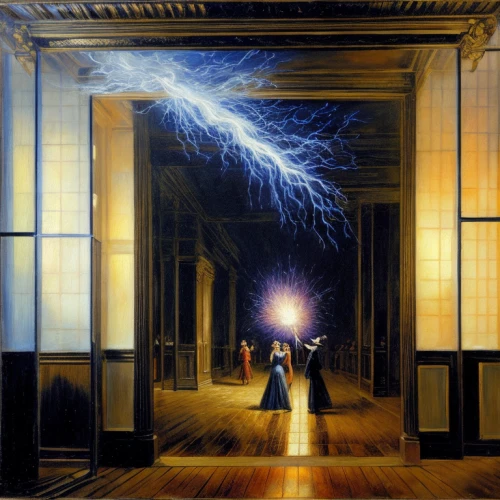 electric arc,the annunciation,electrified,sci fiction illustration,hall of the fallen,close encounters of the 3rd degree,electrical energy,electricity,the threshold of the house,electric power,the pillar of light,lightning storm,force of nature,metaphysical,oil painting on canvas,electrical grid,surrealism,regeneration,strom,freemasonry,Calligraphy,Painting,Surrealism