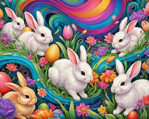 easter background,rabbits and hares,easter rabbits,rainbow rabbit,rabbits,hares,easter theme,easter-colors,bunnies,children's background,rabbit family,whimsical animals,happy easter hunt,colorful background,easter card,white rabbit,background colorful,hippie fabric,psychedelic art,happy easter,Illustration,Realistic Fantasy,Realistic Fantasy 39