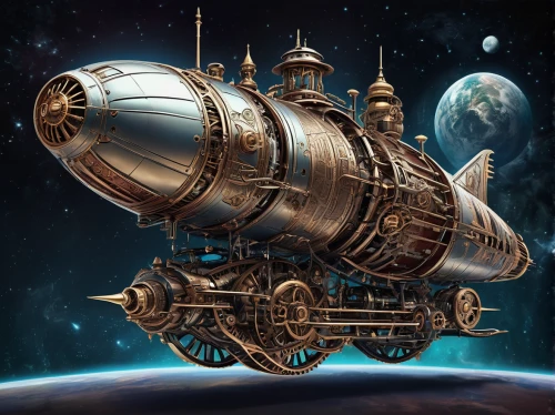 sci fiction illustration,airship,lunar prospector,caravel,airships,satellite express,space ship,space capsule,steam frigate,constellation centaur,steampunk,space ships,spacecraft,galaxy express,gas planet,moon vehicle,copernican world system,space station,soyuz,spacescraft,Conceptual Art,Fantasy,Fantasy 25
