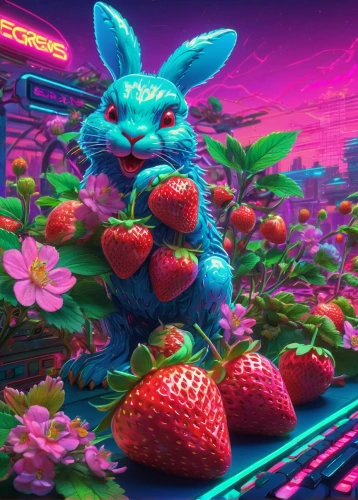 watermelon wallpaper,strawberry plant,strawberries,watermelon background,easter background,strawberry,anaglyph,easter theme,rainbow rabbit,many berries,virginia strawberry,bunny on flower,mock strawberry,neon tea,strawberry juice,strawberry flower,watermelon,bunny,radish,vapor,Conceptual Art,Sci-Fi,Sci-Fi 27