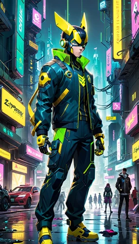 cyberpunk,electro,cyber,jackal,yellow jacket,bumblebee,high-visibility clothing,kryptarum-the bumble bee,streampunk,patrols,high volt,stud yellow,game illustration,game art,drexel,cell,cyber glasses,cybernetics,hk,wuhan''s virus,Anime,Anime,General