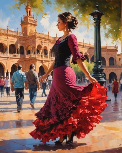 flamenco,latin dance,ethnic dancer,man in red dress,matador,folk-dance,indian art,oil painting,oil painting on canvas,italian painter,art painting,radha,seville,woman playing,salsa dance,girl in a historic way,argentinian tango,lady in red,dancer,woman walking,Conceptual Art,Oil color,Oil Color 06