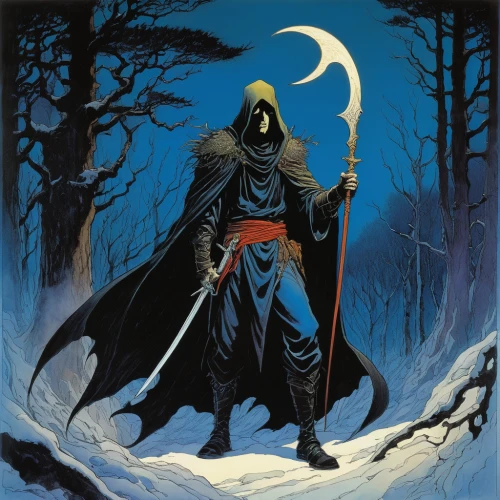 grimm reaper,hooded man,grim reaper,scythe,undead warlock,reaper,dance of death,death god,dodge warlock,pall-bearer,magus,swordsman,dark elf,heroic fantasy,death's-head,dracula,assassin,spawn,black raven,black shepherd,Illustration,Realistic Fantasy,Realistic Fantasy 04