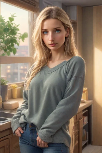 girl in the kitchen,olallieberry,elsa,digital compositing,angelica,rapunzel,in a shirt,cgi,girl with cereal bowl,female hollywood actress,maya,3d rendered,housekeeper,lori,waitress,3d model,visual effect lighting,hollywood actress,realdoll,casserole