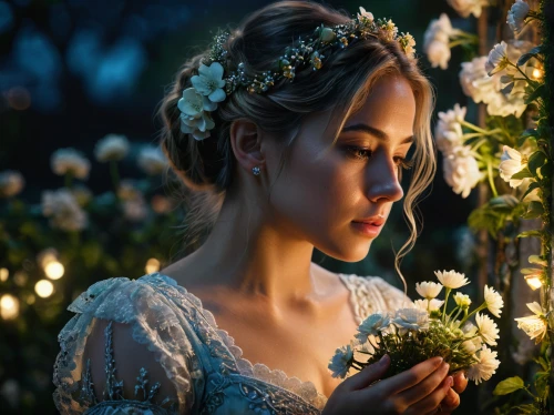 beautiful girl with flowers,girl in flowers,cinderella,romantic portrait,jessamine,mystical portrait of a girl,faery,enchanting,fantasy portrait,fairy queen,faerie,fairy tale character,romantic look,white rose snow queen,elven flower,fantasy picture,a fairy tale,fairy tale,flower fairy,fairytale,Photography,General,Fantasy