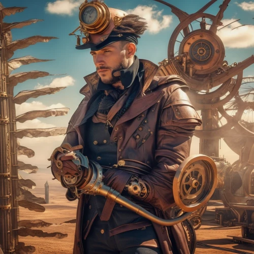 steampunk,steampunk gears,engineer,mechanic,seafarer,scrap dealer,admiral von tromp,key-hole captain,watchmaker,bicycle mechanic,mad max,vendor,naval officer,merchant,scrap collector,military officer,clockmaker,conductor,pilot,leather hat,Photography,General,Realistic