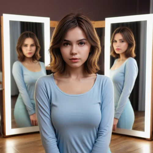self hypnosis,long-sleeved t-shirt,mirrors,mirror image,mirror,the mirror,mirror reflection,magic mirror,self-deception,self-reflection,in the mirror,girl in t-shirt,doll looking in mirror,mirrored,photoshop manipulation,management of hair loss,image manipulation,outside mirror,hourglass,young woman,Photography,General,Realistic