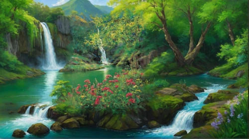 green waterfall,landscape background,river landscape,lilly of the valley,nature landscape,a small waterfall,green landscape,brook landscape,mountain spring,lilies of the valley,waterfall,waterfalls,cascades,forest landscape,mountain stream,natural landscape,water fall,background view nature,falls of the cliff,flower painting