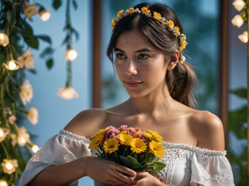 beautiful girl with flowers,girl in flowers,flower garland,flower crown,flower girl,vintage flowers,floral garland,golden flowers,holding flowers,romantic look,jasmine flowers,with a bouquet of flowers,floristry,flower arranging,bouquets,yellow roses,flower fairy,floral wreath,artificial flowers,floral,Photography,General,Realistic