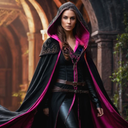 scarlet witch,sorceress,dodge warlock,vax figure,the enchantress,imperial coat,huntress,princess sofia,celebration cape,magenta,dark pink in colour,fantasy woman,gothic fashion,merlin,count,vampire woman,caped,heroic fantasy,elenor power,celtic queen