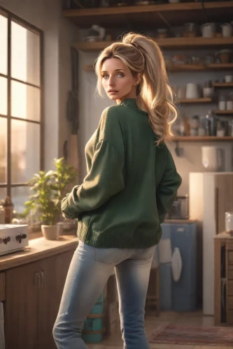 sweatshirt,sweater,girl in the kitchen,barista,commercial,digital compositing,visual effect lighting,coffee background,blonde woman,carpenter jeans,green jacket,blonde sits and reads the newspaper,heineken1,scene lighting,star kitchen,blonde woman reading a newspaper,advertising figure,high jeans,girl from behind,jeans background