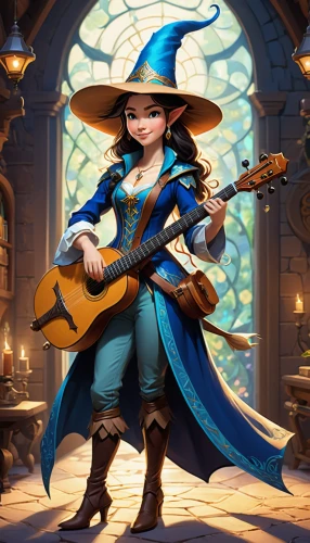 art bard,bard,witch's hat icon,mage,scandia gnome,dodge warlock,wizard,sorceress,blue enchantress,fantasia,fairy tale character,musician,magistrate,violin player,magus,violin woman,fantasy portrait,sterntaler,witch's hat,witch ban,Unique,3D,Isometric