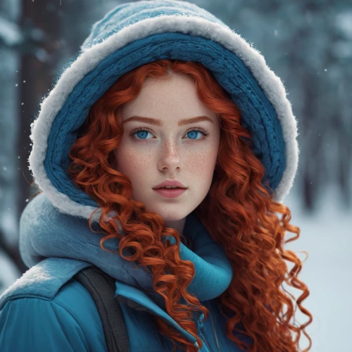 the snow queen,winterblueher,suit of the snow maiden,merida,elsa,winter background,winter magic,winter hat,red coat,winter dress,winter dream,mystical portrait of a girl,fantasy portrait,winter clothing,red-haired,winter,wintry,ice queen,snow scene,redheads,Conceptual Art,Sci-Fi,Sci-Fi 11