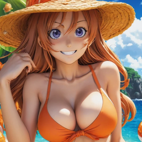 nami,straw hat,one-piece swimsuit,summer background,coconut hat,summer hat,sun hat,straw hats,one piece,oranges,summer swimsuit,honoka,orange,beach background,high sun hat,holding a coconut,vicuña,summer crown,onepiece,asuka langley soryu,Illustration,Japanese style,Japanese Style 14