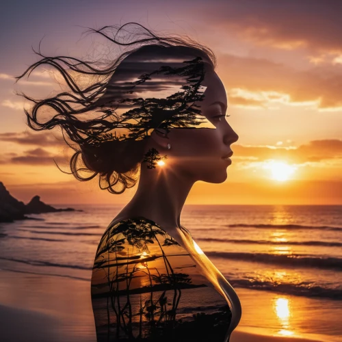 girl on the dune,woman silhouette,sun reflection,sunset glow,mermaid silhouette,photo manipulation,sunset,wind wave,surfer hair,image manipulation,woman thinking,sun and sea,sun,portrait photography,the wind from the sea,beach background,self hypnosis,photoshop manipulation,mystical portrait of a girl,sun burst