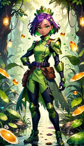 background ivy,dryad,fae,patrol,monsoon banner,violet head elf,leaf background,aquatic herb,druid grove,defense,anahata,druid,forest background,ivy,scandia gnome,forest clover,biologist,green aurora,game illustration,aa,Anime,Anime,Cartoon