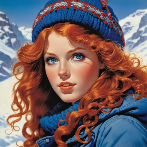 suit of the snow maiden,winterblueher,the snow queen,red-haired,redheads,winter background,elsa,portrait of a girl,merida,winter hat,snow scene,red head,winter clothing,heather winter,young woman,girl portrait,ice princess,redhead doll,fantasy portrait,redhair,Conceptual Art,Sci-Fi,Sci-Fi 19